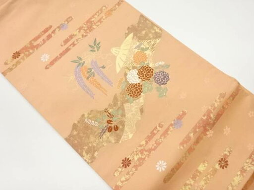 ヱ霞に笠・花々模様織出し名古屋帯【中古】【着】 ヱ霞に笠・花々模様織出し名古屋帯【中古】【着】