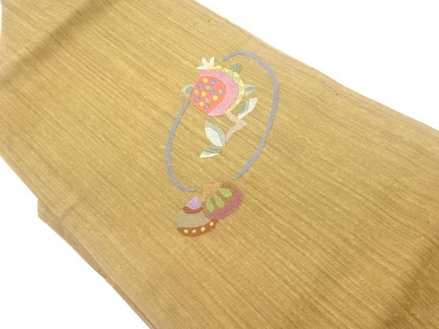 手織り紬抽象実に枝葉模様刺繍名古屋帯【中古】【着】