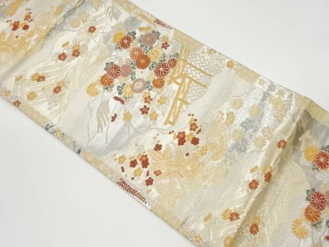 道長取りに花々・松・波模様織出し袋帯【中古】【着】