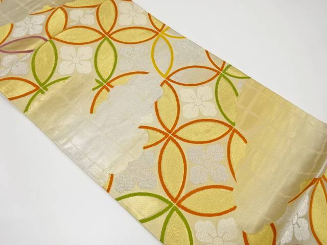 花七宝繋ぎ模様織り出し袋帯（材料）【アンティーク】【中古】【着】