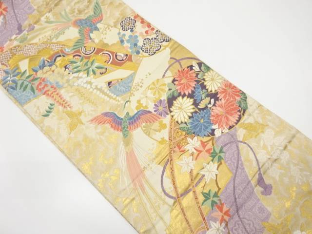 尾長鳥に片輪車・花模様織り出し袋帯【中古】【着】【sp_off】