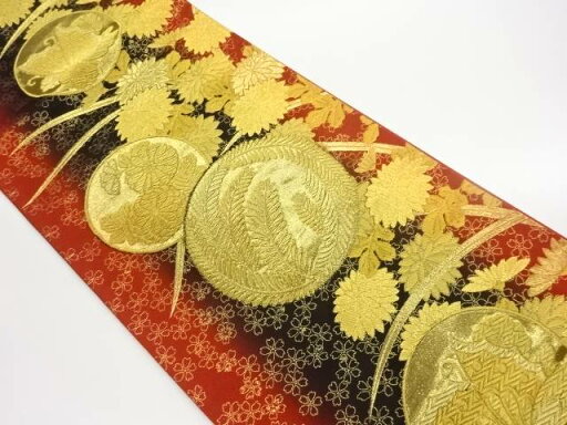 丸紋に蝶・菊・草模様織り出し袋帯【中古】【着】 丸紋に蝶・菊・草模様織り出し袋帯【中古】【着】