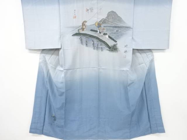 東海道五十三次模様男物長襦袢【アンティーク】【中古】【着】
