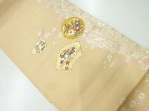 アンティーク 地紙に鴛鴦・草花模様刺繍袋帯(材料)【Pnt】 アンティーク 地紙に鴛鴦・草花模様刺繍袋帯(材料)【Pnt】