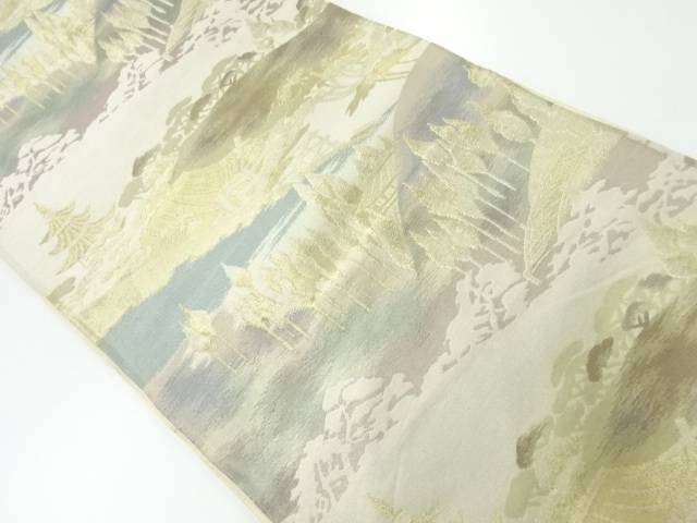 アンティーク　寺塔風景模様織り出し袋帯（材料）【Pnt】