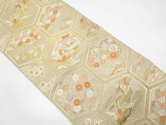亀甲繋ぎに鳳凰・花模様織り出し袋帯【中古】【着】