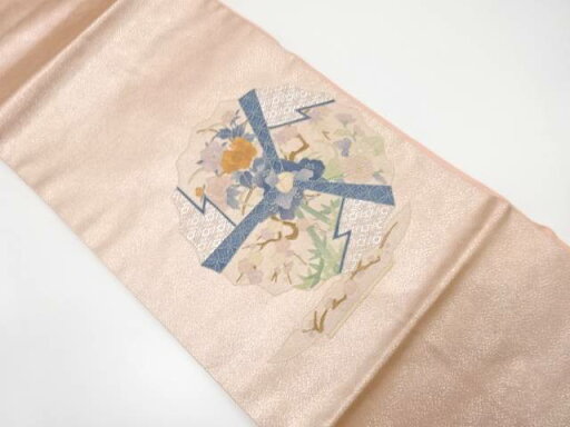 相良刺繍 絵皿に草花模様名古屋帯【中古】【着】 相良刺繍 絵皿に草花模様名古屋帯【中古】【着】