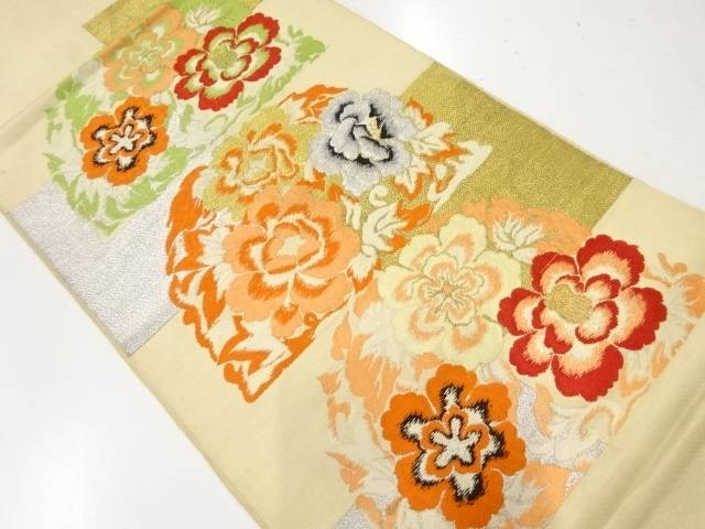草花模様織出し袋帯(材料)【アンティーク】【中古】【着】