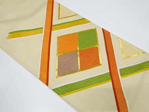 斜め格子に菱模様刺繍袋帯(材料)【アンティーク】【中古】【着】 斜め格子に菱模様刺繍袋帯(材料)【アンティーク】【中古】【着】