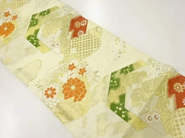 亀甲に松竹梅模様織出し袋帯(材料)【アンティーク】【中古】【着】