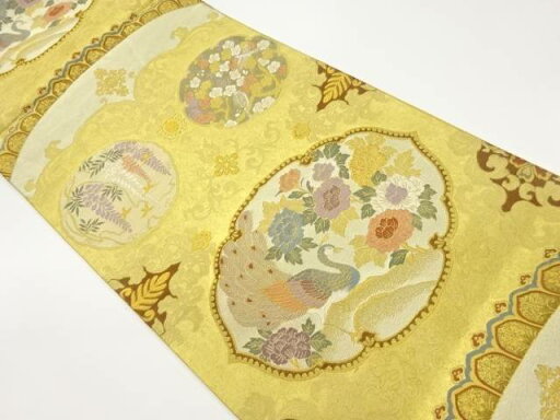 孔雀に小鳥・花々模様織出し袋帯【中古】【着】 孔雀に小鳥・花々模様織出し袋帯【中古】【着】