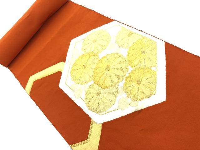 亀甲に菊模様織出し名古屋帯地反物【アンティーク】【中古】【着】
