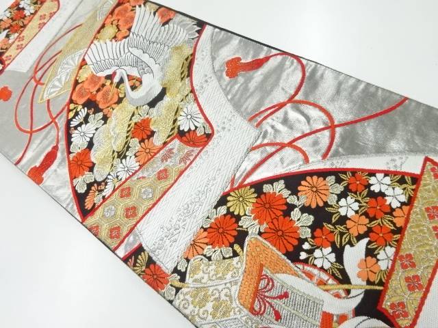 地紙に鶴・御所車模様織出し袋帯【リサイクル】【中古】【着】