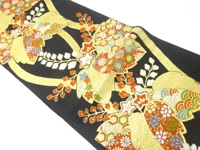 立涌に花模様織出し袋帯(材料)【アンティーク】【中古】【着】