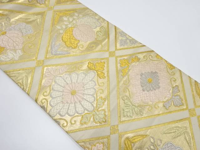 斜め格子に菊菱模様織り出し袋帯（材料）【アンティーク】【中古】【着】