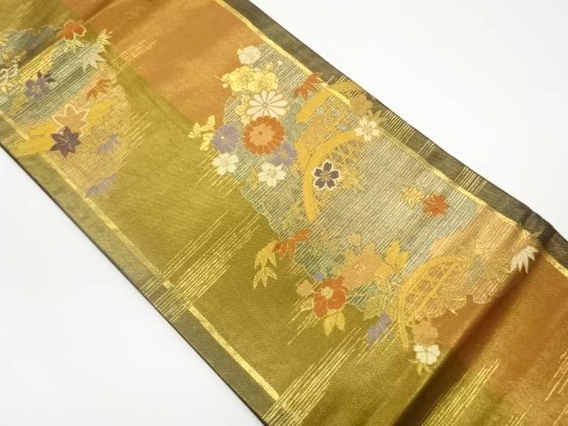 雪輪に光悦垣・花々模様織出し名古屋帯【中古】【着】