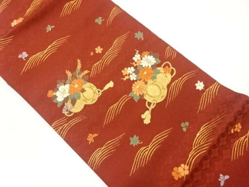 鼓に草花・波模様織出し名古屋帯【中古】【着】 鼓に草花・波模様織出し名古屋帯【中古】【着】