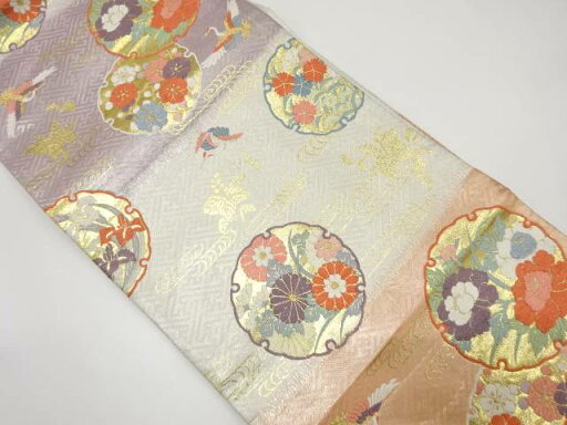 雪輪に鶴・花模様織り出し袋帯【中古】【着】 雪輪に鶴・花模様織り出し袋帯【中古】【着】