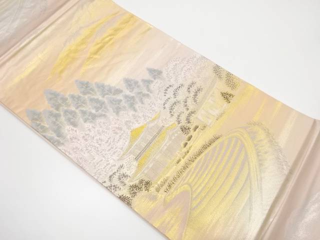 銀閣寺風景模様織り出し袋帯【中古】【着】