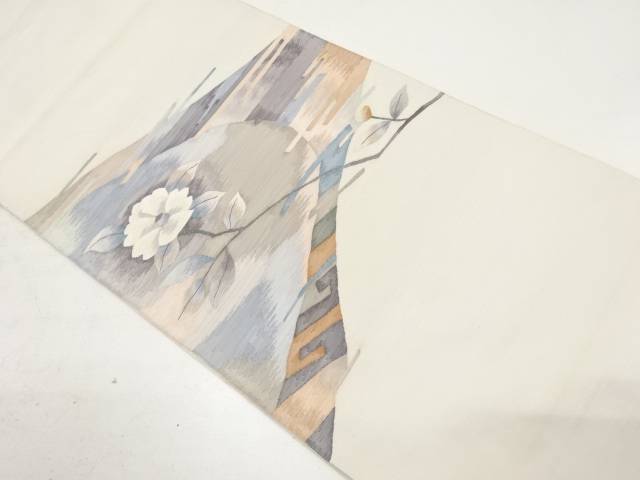 霞に椿模様織り出し袋帯（材料）【アンティーク】【中古】【着】