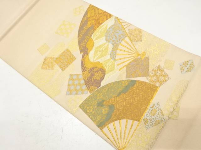 綴れ 扇に色紙散らし・古典柄織り出し袋帯(材料)【アンティーク】【中古】【着】