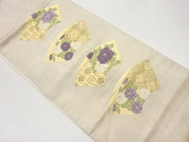 引箔 扇面に牡丹・菊模様織り出し袋帯【中古】【着】(4)