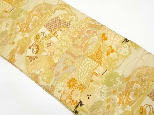 桧扇に貝桶・花模様織り出し丸帯(材料)【アンティーク】【中古】【着】 桧扇に貝桶・花模様織り出し丸帯(材料)【アンティーク】【中古】【着】