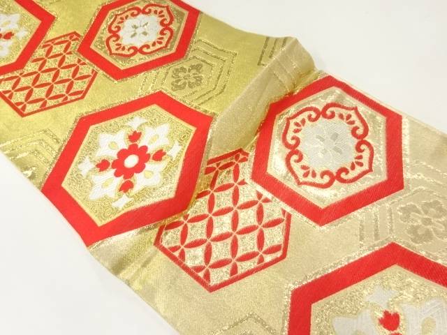 亀甲に花模様織出し袋帯(材料)【アンティーク】【中古】【着】
