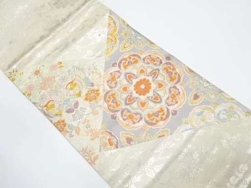 切りばめ風 華紋に向かい鴛鴦・花模様織り出し袋帯(材料)【アンティーク】【中古】【着】 切りばめ風 華紋に向かい鴛鴦・花模様織り出し袋帯(材料)【アンティーク】【中古】【着】