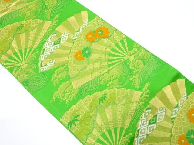 扇に波・草花模様織り出し袋帯（材料）【アンティーク】【中古】【着】