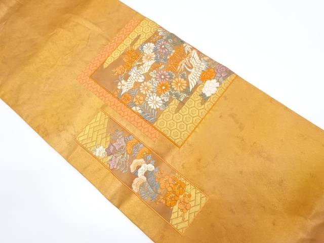 引箔　鶴に草花模様織り出し袋帯（材料）【アンティーク】【中古】【着】
