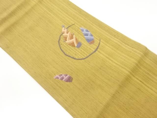 手織り紬汕頭蘇州刺繍竹の子模様名古屋帯【中古】【着】