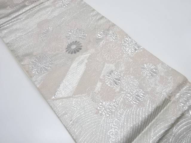 プラチナ銀箔ふくれ織波に草花模様織り出し袋帯【中古】【着】