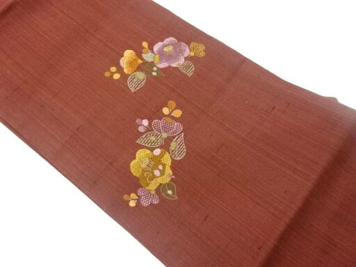 手織り紬椿模様刺繍名古屋帯【中古】【着】 手織り紬椿模様刺繍名古屋帯【中古】【着】