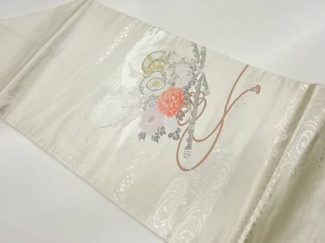 プラチナ箔笛・鼓・草花模様織り出し名古屋帯【中古】【着】
