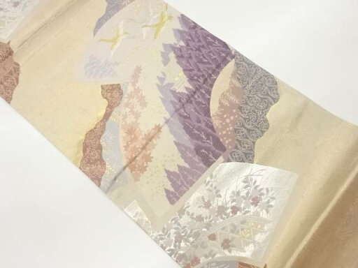 地紙に木々・草花・鶴模様織出し袋帯【中古】【着】 地紙に木々・草花・鶴模様織出し袋帯【中古】【着】