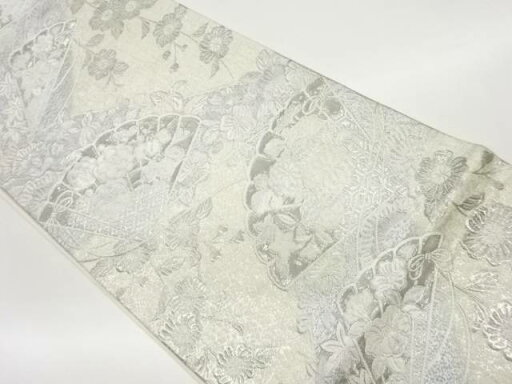 檜扇に花々模様織出し袋帯【中古】【着】 檜扇に花々模様織出し袋帯【中古】【着】