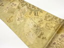 扇に草花・群鶴模様織出し袋帯【中古】【着】