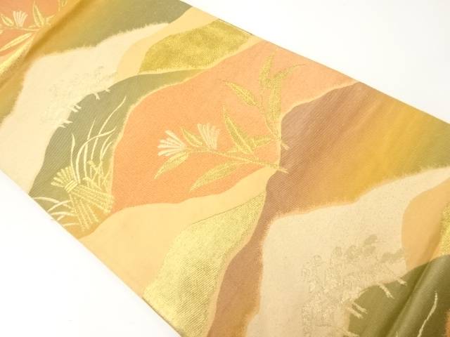 アンティーク　遠山に草葉模様織出し袋帯（材料）【Pnt】