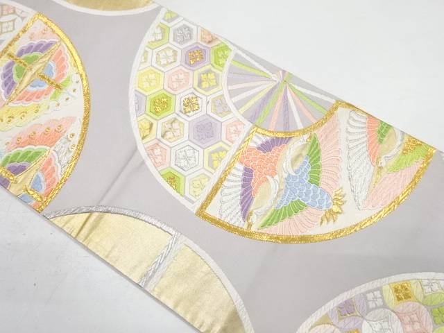 源氏車に向かい鶴・七宝繋ぎ模様織り出し袋帯(材料)【アンティーク】【中古】【着】