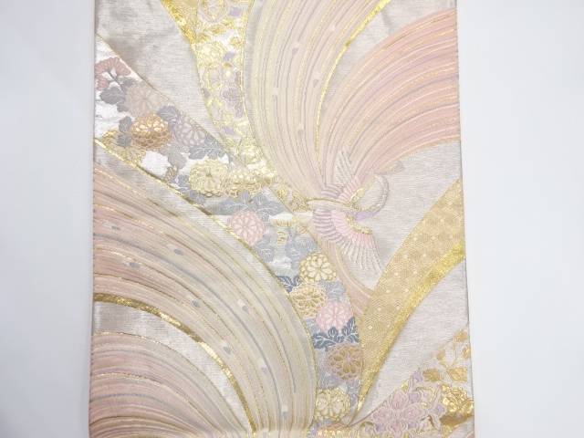 孔雀に草花模様織り出し袋帯【中古】【着】