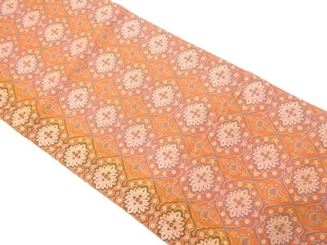 変わり格子に華紋織り出し 開き名古屋帯(額縁仕立て)【中古】【着】