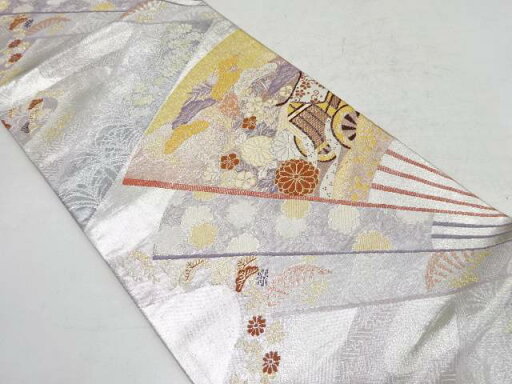 扇に御所人形・花模様織り出し袋帯【中古】【着】 扇に御所人形・花模様織り出し袋帯【中古】【着】