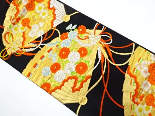 檜扇に花模様織り出し袋帯(着用可)【アンティーク】【中古】【着】 檜扇に花模様織り出し袋帯(着用可)【アンティーク】【中古】【着】