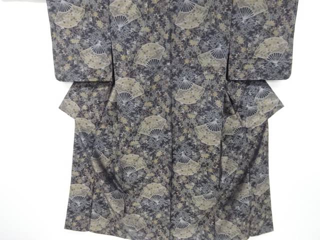 扇に草花模様織出し本場泥大島紬着物【中古】【着】