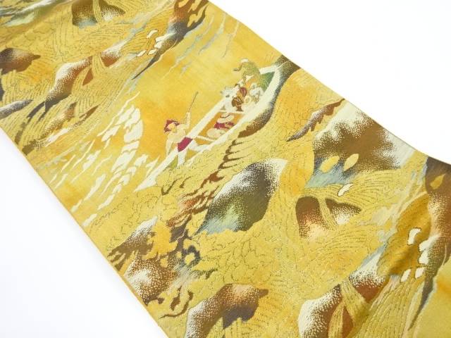 本場筑前博多川下り模様織り出し名古屋帯【中古】【着】