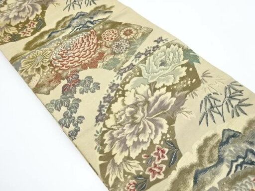 破れ地紙に花模様織り出し丸帯(材料)【アンティーク】【中古】【着】【sp_off】 破れ地紙に花模様織り出し丸帯(材料)【アンティーク】【中古】【着】【sp_off】