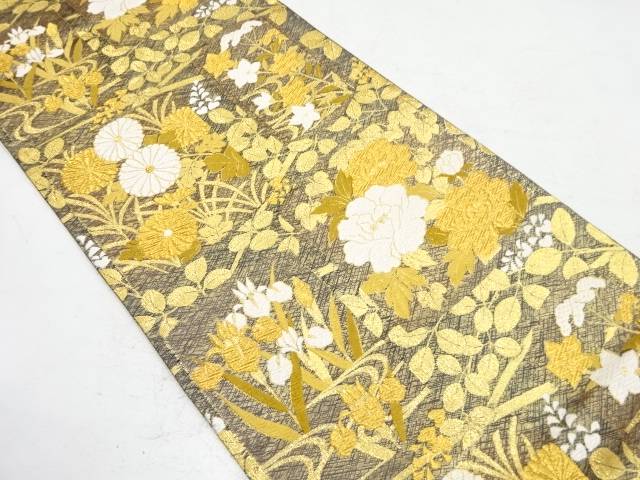 四季草花模様織り出し 振袖用袋帯【中古】【着】