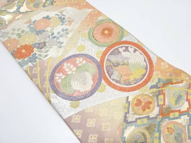 佐賀錦 扇に蝶・花・古典柄織り出し 振袖用袋帯【中古】【着】