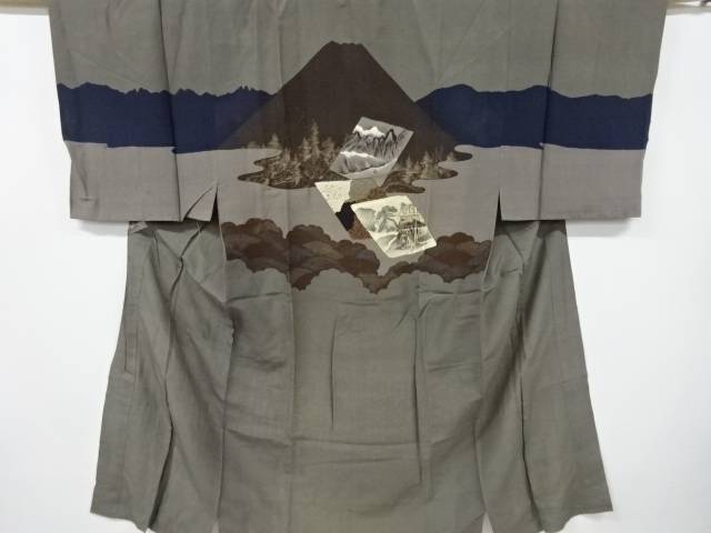 色紙に田舎風景模様男物長襦袢【アンティーク】【中古】【着】